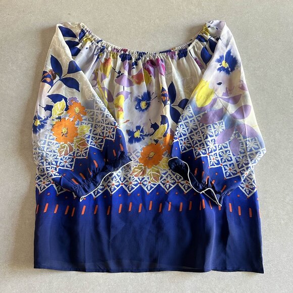 Floral Half Sleeve Silk Peasant Blouse ASO Alex Russo - Picture 6 of 9